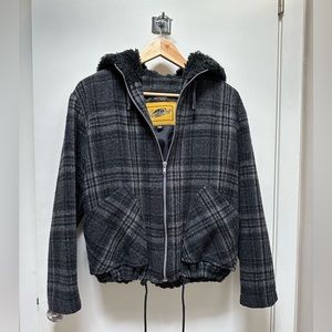 Cozy Black & Grey Plaid Wool-Blend Jacket With Hoodie -Very Warm! Size M